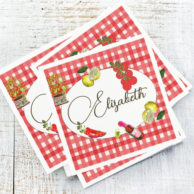 50th Italian Lemon Mediterranean Red White Pattern Napkin (Creator Uploaded)