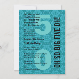 50th Modern Birthday Aqua Blue Flowers B200 Invitation