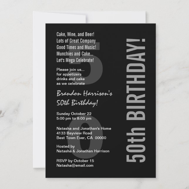 50th Modern Birthday Black White Silver V31 Invitation (Front)