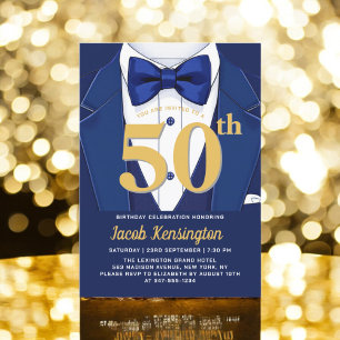 50th Navy Blue and Gold Tuxedo Birthday Event Invitation