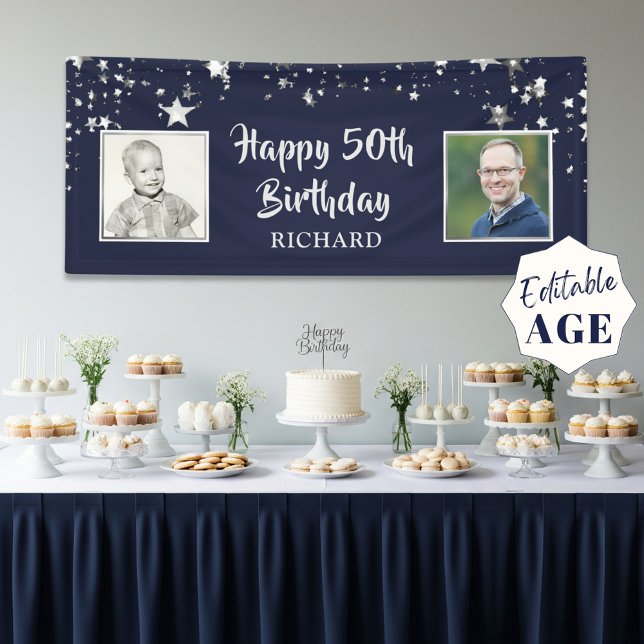 50th or Any Birthday Navy Blue Stars 2 Photos Banner (Creator Uploaded)