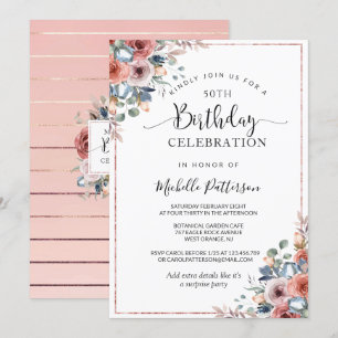 50th (or other) Birthday Pink Gold, Blush Floral Invitation