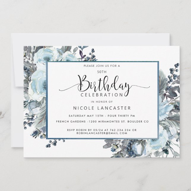 50th (or other) Unique Blue Floral Birthday Invitation (Front)