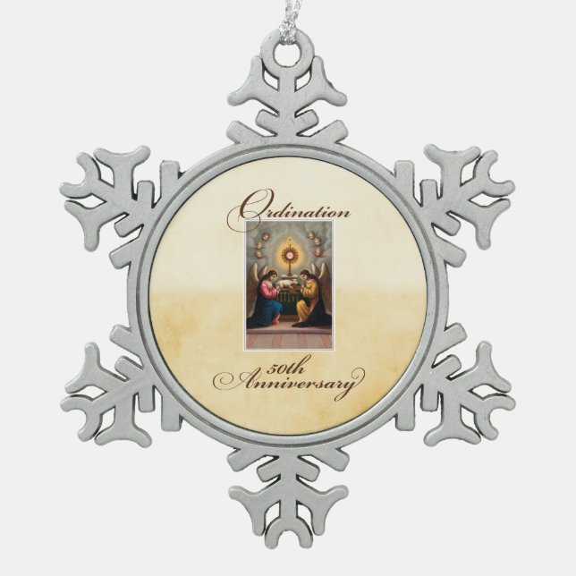 50th Ordination Anniversary Angels at Altar Snowflake Pewter Christmas Ornament (Front)