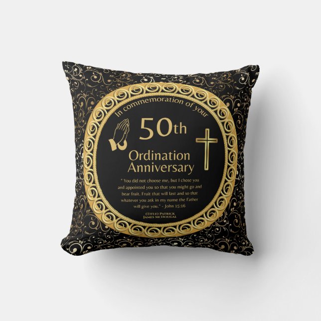 50th Ordination Anniversary Personalised BlackGold Cushion (Front)