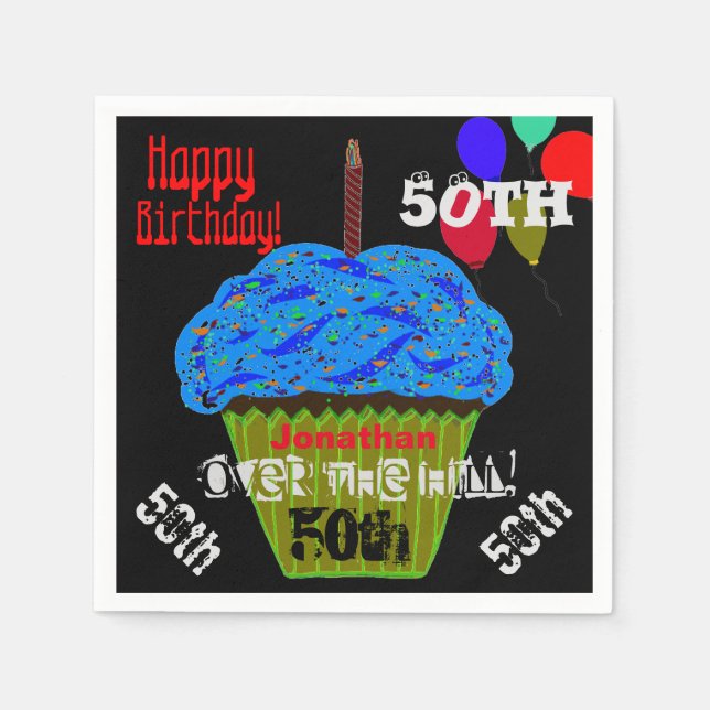 50th Over the Hill Personalised Blue Cupcake Napkin (Front)