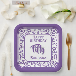 50th Party Random Number Pattern Purple/White Paper Plate