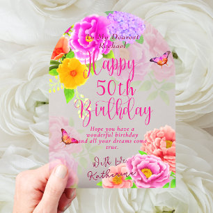 50th Peonies Garden Happy Birthday Card Acrylic Invitations