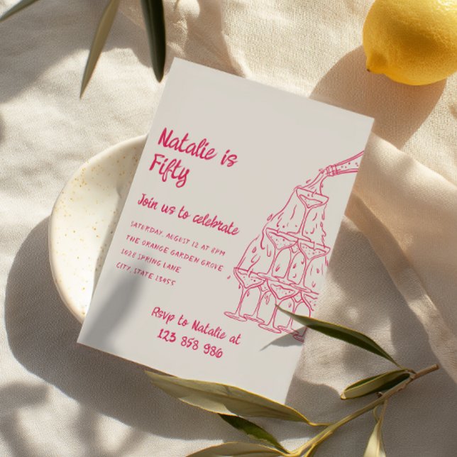 50th Pink Drawn Champagne Tower Fifty Birthday Invitation (Creator Uploaded)