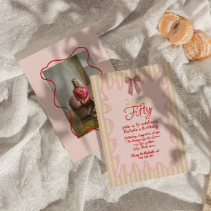 50th Pink Hand Painted Bow Fifty Photo Birthday Invitation