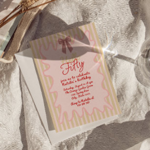 50th Pink Hand Painted Bow Hello Fifty Birthday Invitation