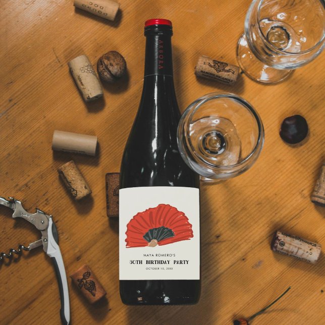 50th Red Flamenco Fan Birthday Party Wine Label (Red and black flamenco fan fiftieth birthday party wine bottle label stickers.)