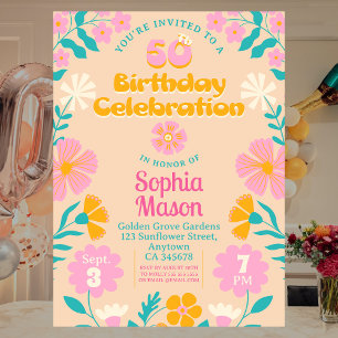 50th Retro Groovy Vibe Birthday Invite Floral Pink