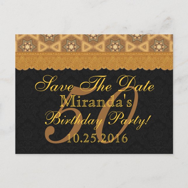 50th Save the Date Birthday Gold Black Lace v2 Announcement Postcard (Front)