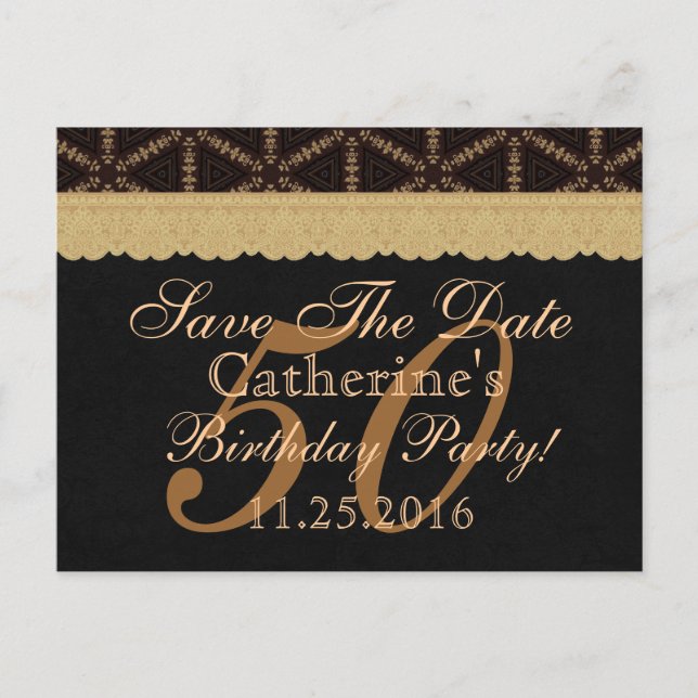50th Save the Date Birthday Pale Gold Lace Black 2 Announcement Postcard (Front)