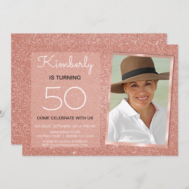50th Sparkle Rose Gold Blush Pink Photo Invitation (Front/Back)