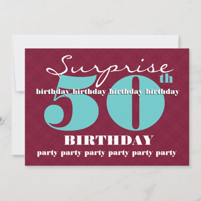 50th SUPRISE Birthday Party Aqua Red White T302 Invitation (Front)