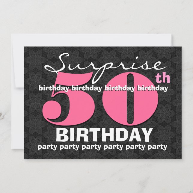 50th SUPRISE Birthday Party Pink Black For Her E32 Invitation (Front)