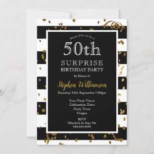50th Surprise  Birthday  Black and White   Glitter Invitation