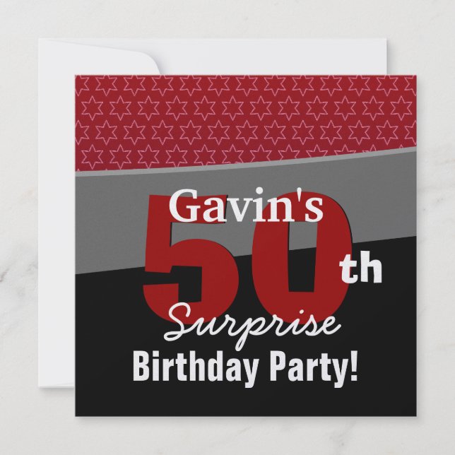 50th Surprise Birthday Black Red White Stars R231 Invitation (Front)