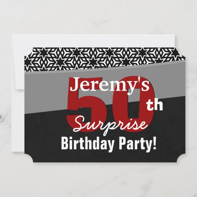 50th Surprise Birthday Black Red White Stars R231A Invitation (Front)