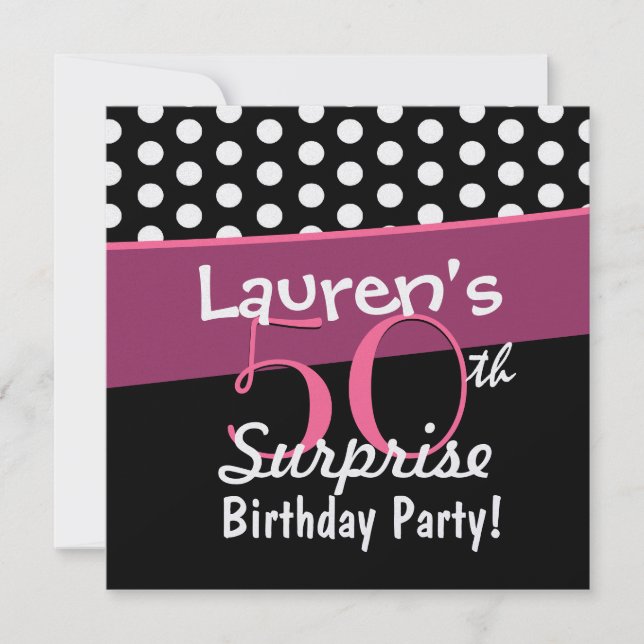 50th Surprise Birthday Black White Polka Dots Pink Invitation (Front)