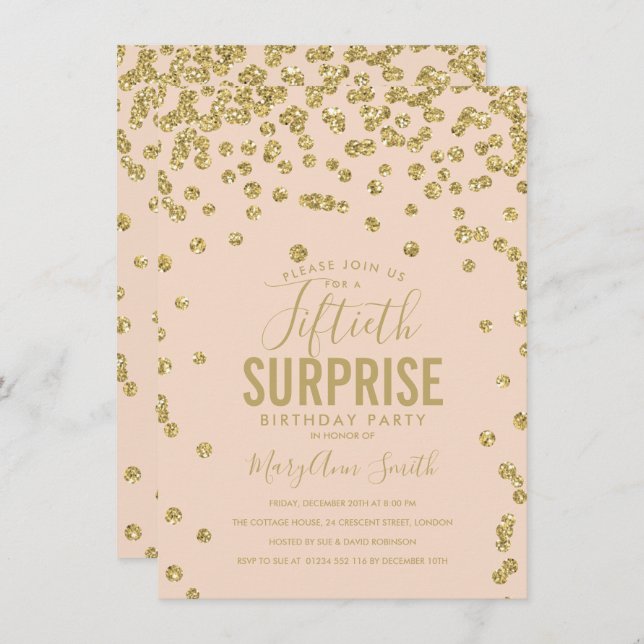 50th Surprise Birthday Gold Blush Pink Invitation (Front/Back)