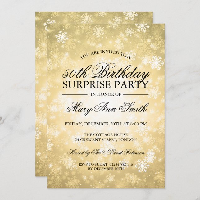 50th Surprise Birthday Gold Winter Wonderland Invitation (Front/Back)
