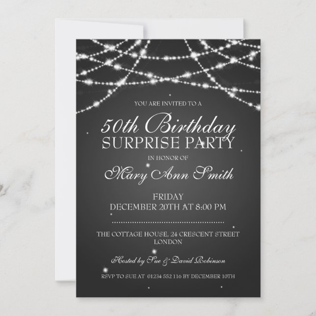 50th Surprise Birthday Party String Stars Black Invitation (Front)