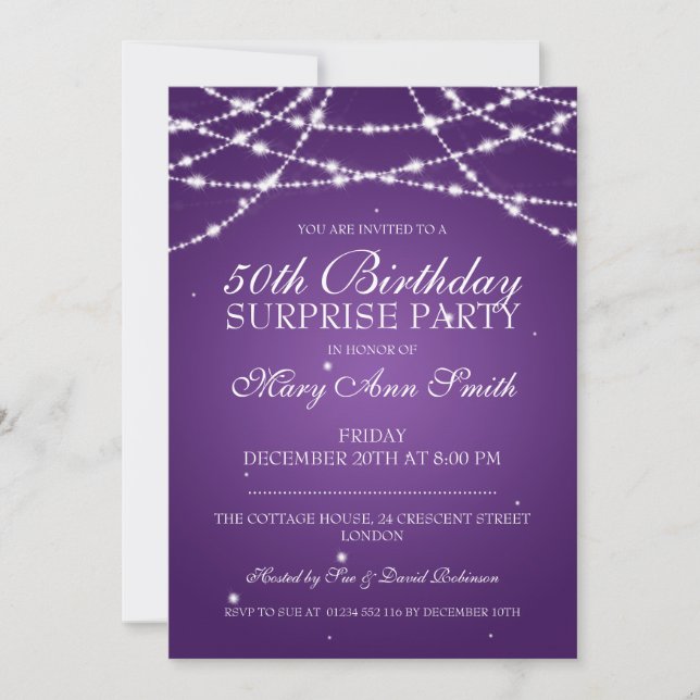50th Surprise Birthday Party String Stars Purple Invitation (Front)