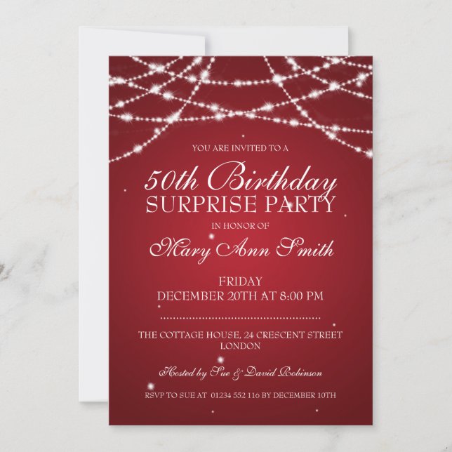 50th Surprise Birthday Party String Stars Red Invitation (Front)