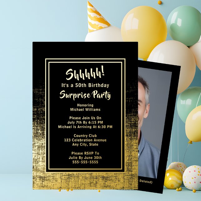 50th Surprise Birthday Photo on Back Black & Gold (Creator Uploaded)