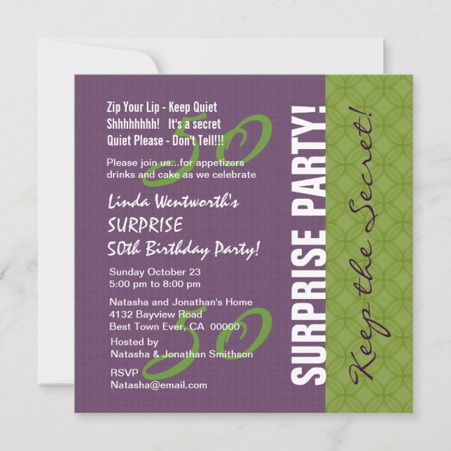 50th SURPRISE Birthday Purple and Green Pattern v2 Invitation (Front)