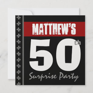 50th Surprise Birthday Red Black White Metallic Invitation