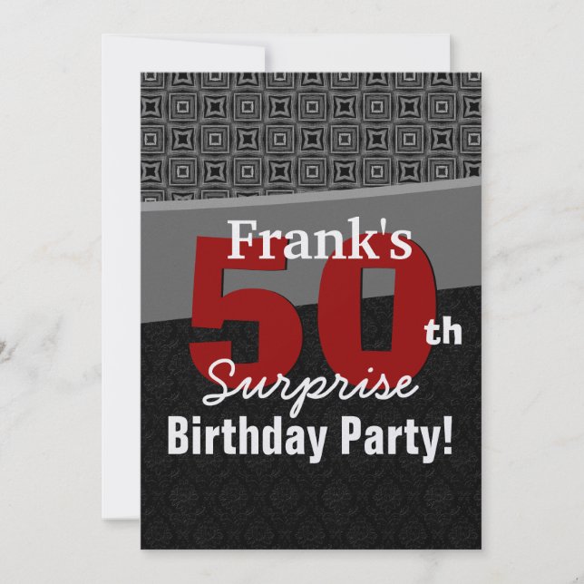 50th Surprise Birthday Red Black White Metallic Invitation (Front)