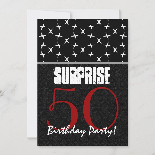 50th Surprise Birthday Red Black White Pattern Invitation (Front)