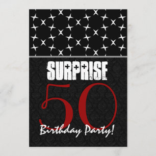 50th Surprise Birthday Red Black White Pattern Invitation