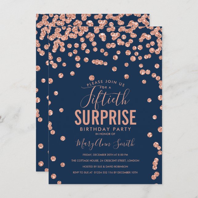 50th Surprise Birthday Rose Gold Navy Blue Invitation (Front/Back)