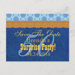 50th SURPRISE Birthday Save the Date Blue Gold V1B Announcement Postcard