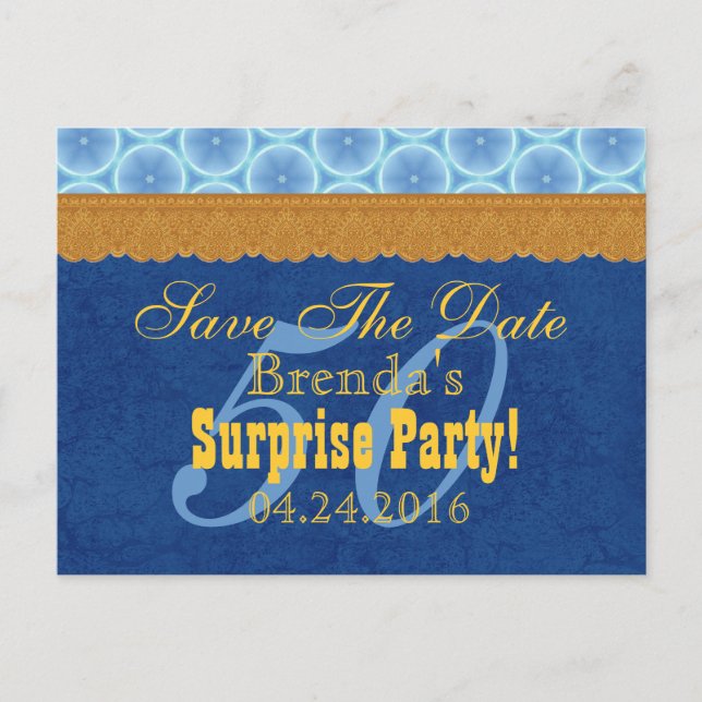 50th SURPRISE Birthday Save the Date Blue Gold V1B Announcement Postcard (Front)