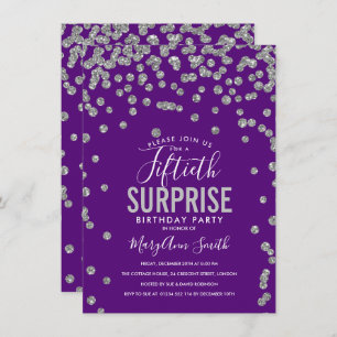 50th Surprise Birthday Silver Purple Invitation