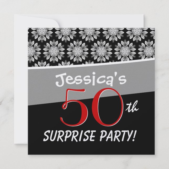 50th Surprise Party Black and White Flower Pattern Invitation (Front)