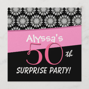 50th Surprise Party Black and White Flower Pattern Invitation