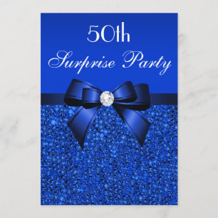 50th Surprise Party Royal Blue Sequins and Bow Invitation