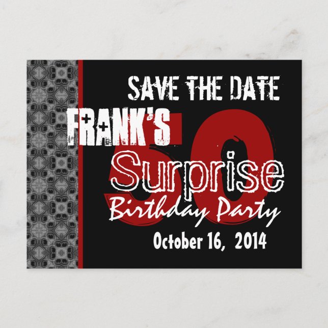50th Surprise Party Silver Black and Red Invitation Postcard (Front)
