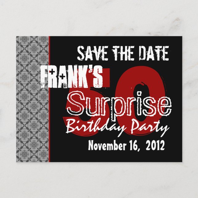 50th Surprise Party Silver Diagonal Geometric Announcement Postcard (Front)