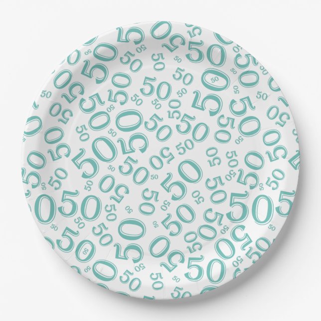 50th Teal/White  Random Number Pattern Paper Plate (Front)