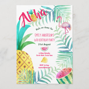 50th Tropical Pineapple Birthday Invites Flamingo
