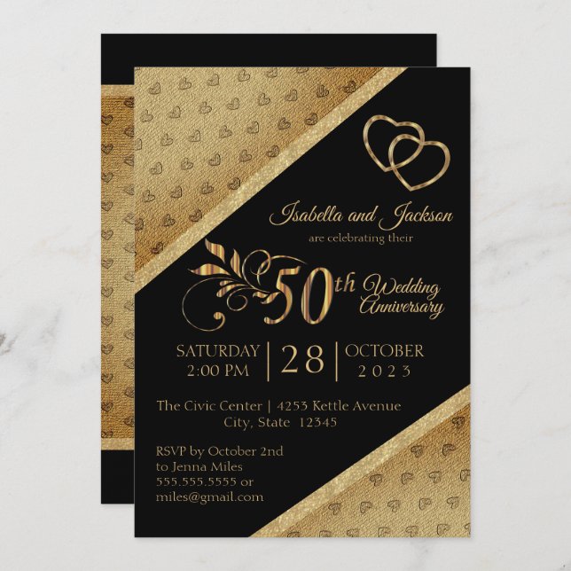 50th Vintage Gold Heart Anniversary Design Invitation (Front/Back)