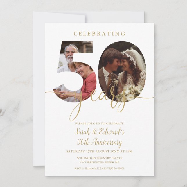 50th Wedding Anniversary 2 Photo Gold Invitation (Front)